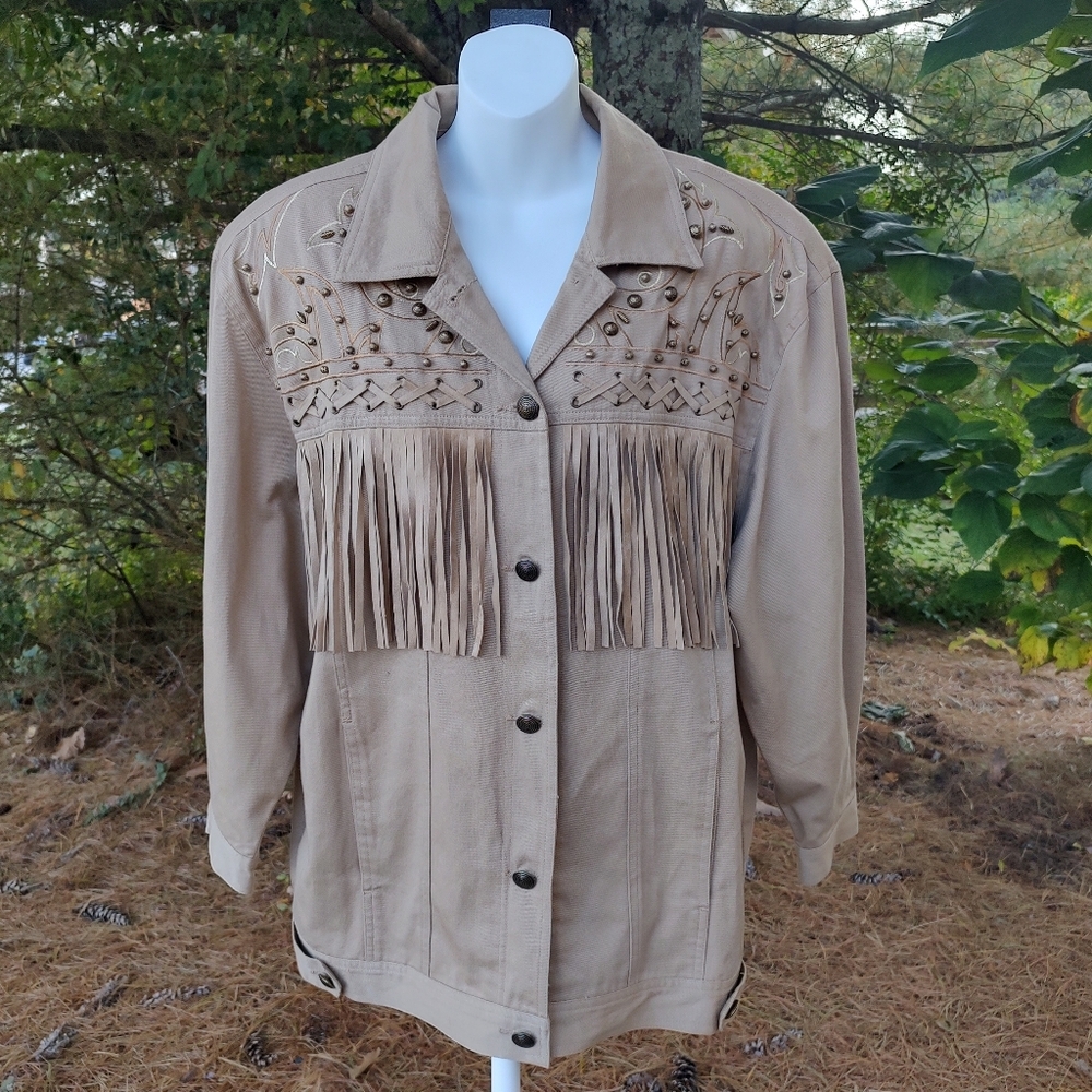 I.B. Diffusion Vintage Western Fringe Khaki Denim Cowboy Jacket Beaded Womens 12